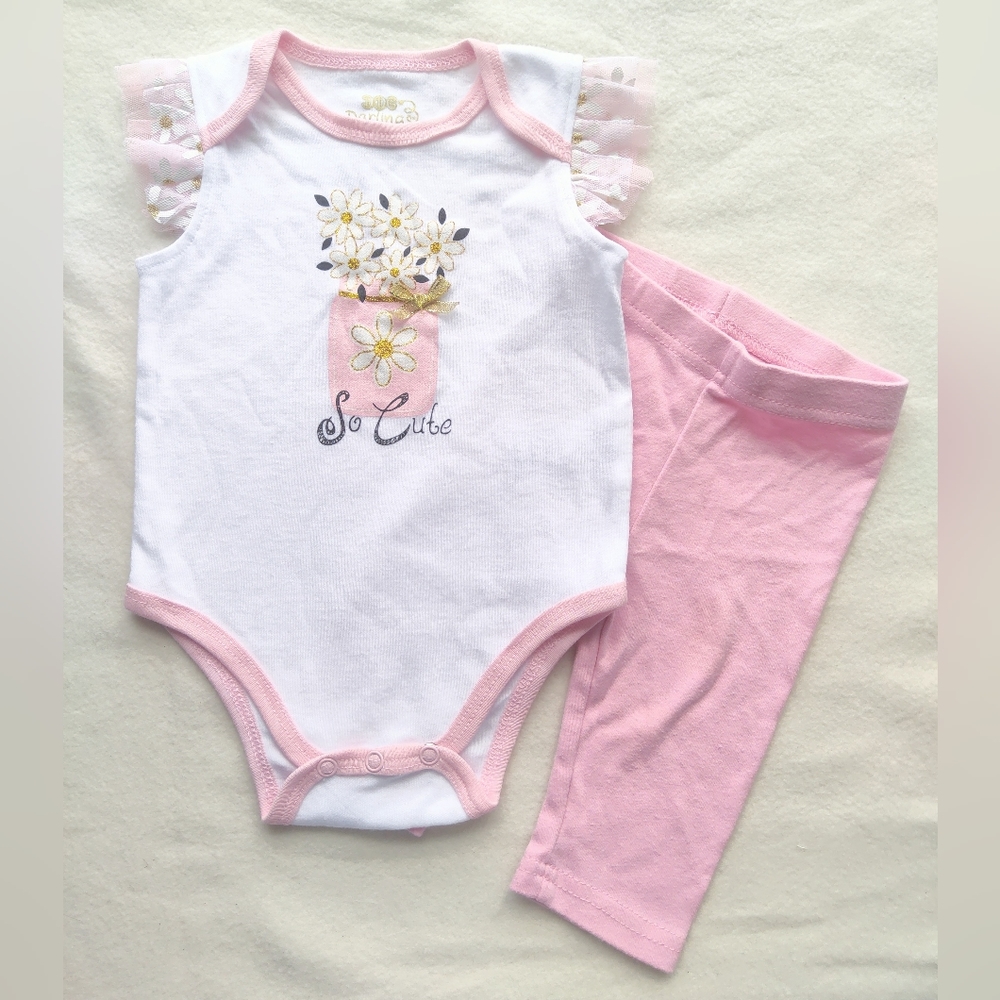 So Cute Daisies Outfit Tulle Short Sleeves Pink Pants Floral Size 3-6 Months